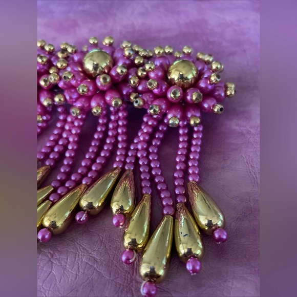 Pink And Gold Floral Faux Pearl Waterfall Beaded Hair Clip Bridal Prom Vintage - Picture 2 of 5